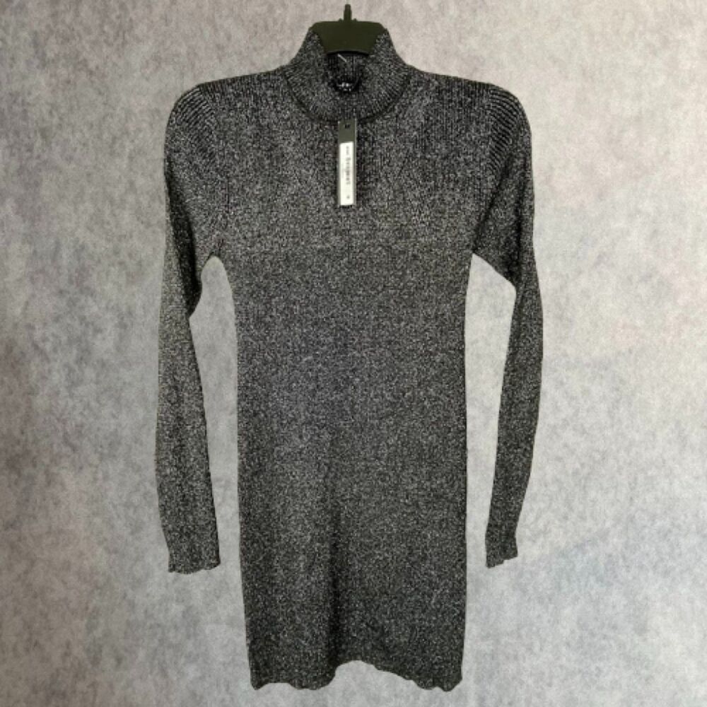 Steve Madden Mini Dress Womens Large Black Gray High Neck Shimmer Bodycon Dress
